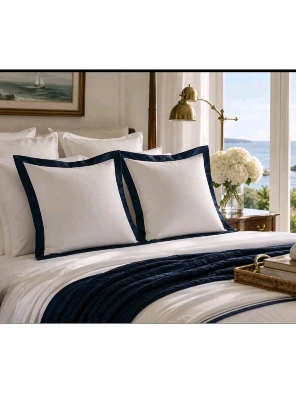 Lot 2 NEW Ralph Lauren RL Organic Sateen Border European Shams 26x26” Polo Navy